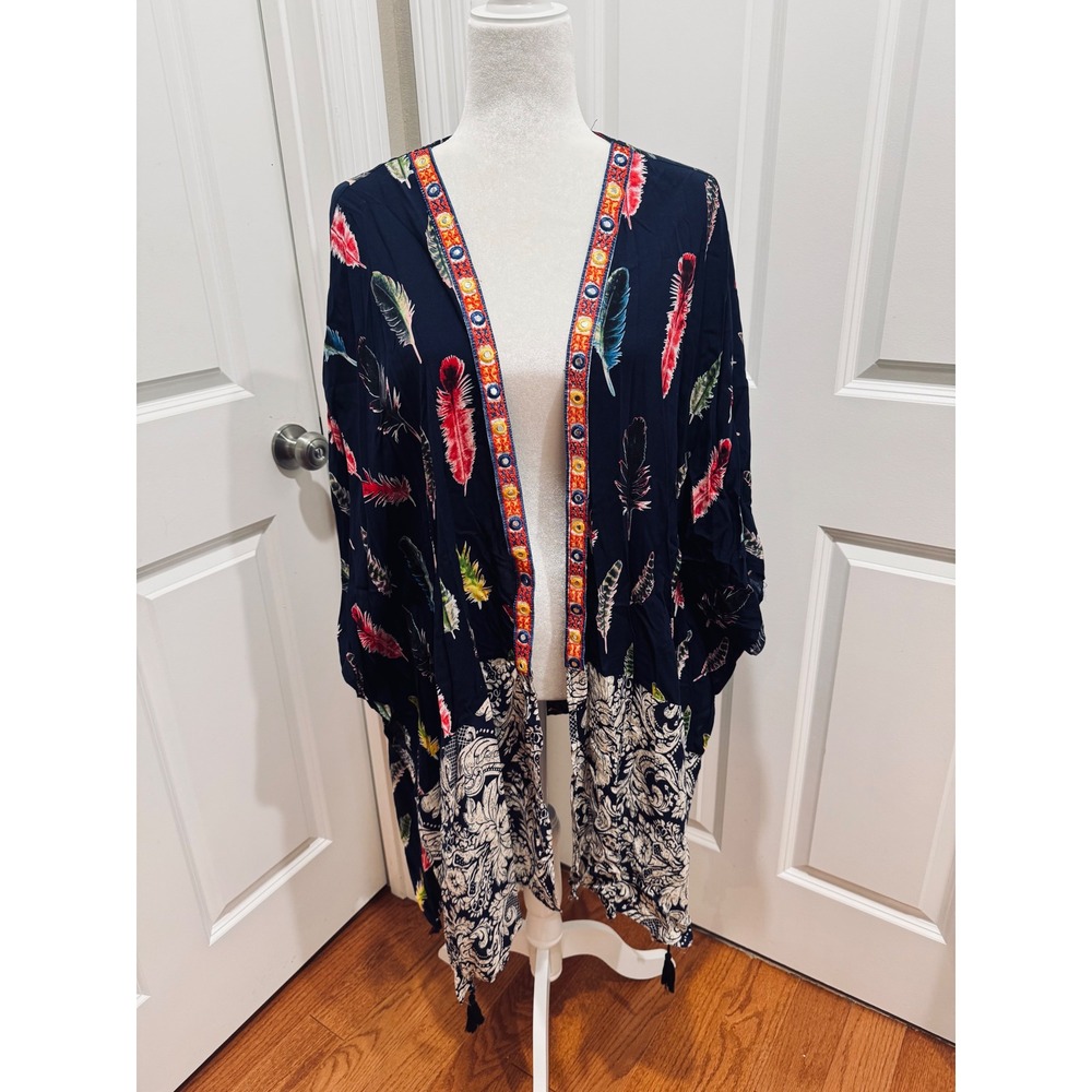 Umgee USA Navy Blue Feather Print Kimono Cardigan Tassel Mirror Trim Womens M/L